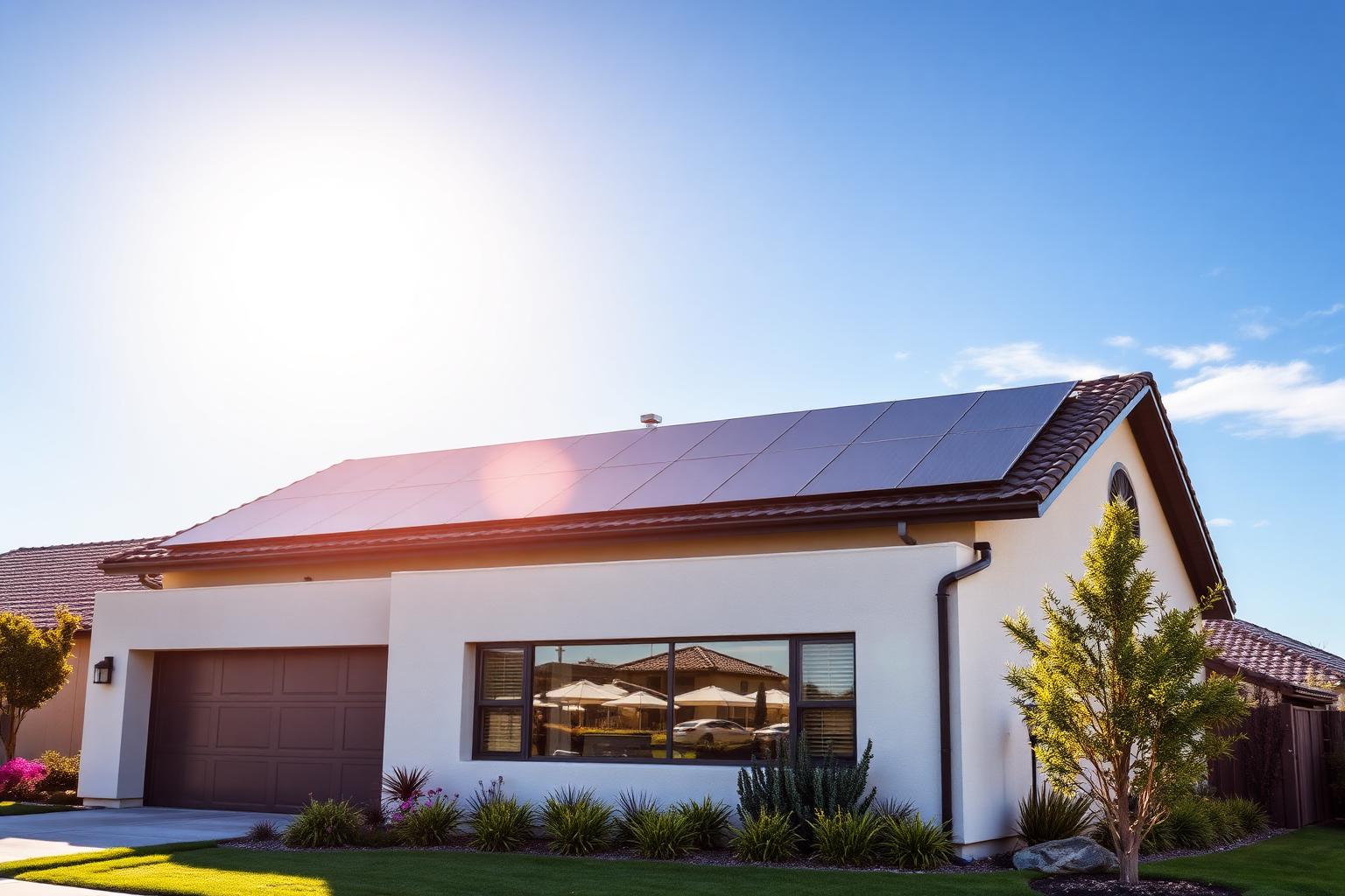 Modern California home with rooftop solar panels glowing in the sunset